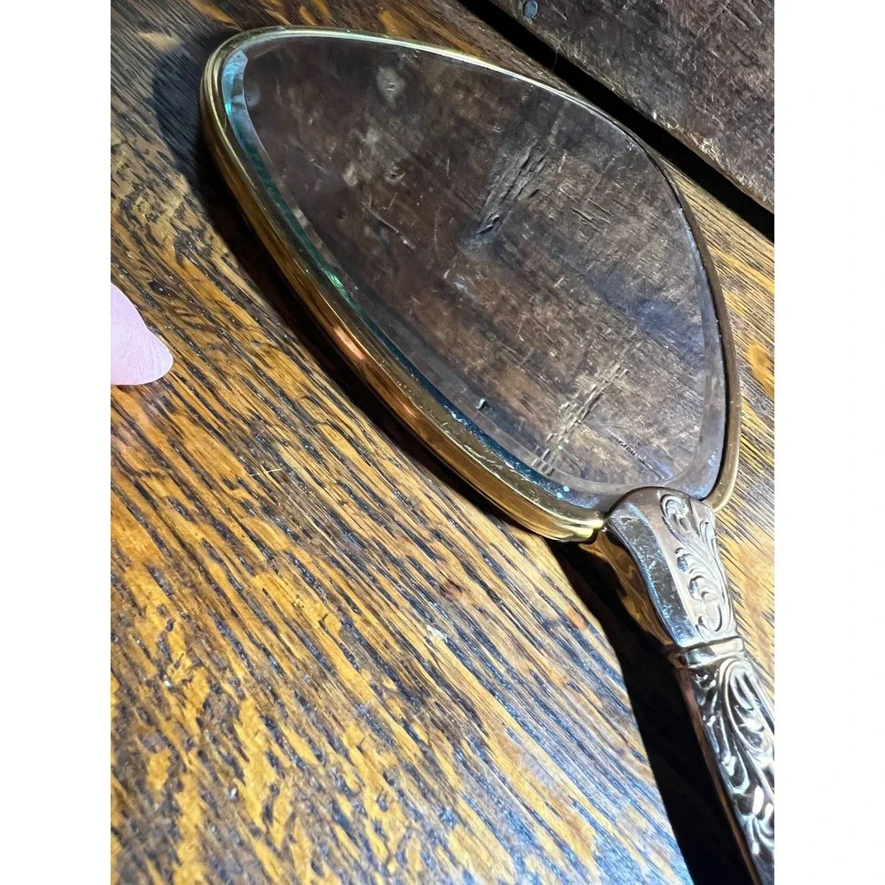 VTG Holywood Regency Floral Silver Gold Tone Hand Mirror & Hair Brush Vanity Set
